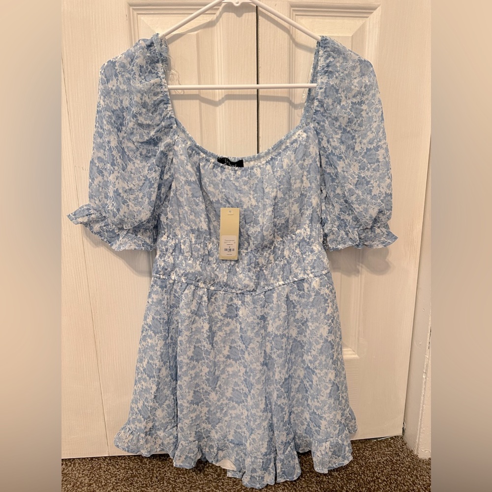 blue and white flower romper